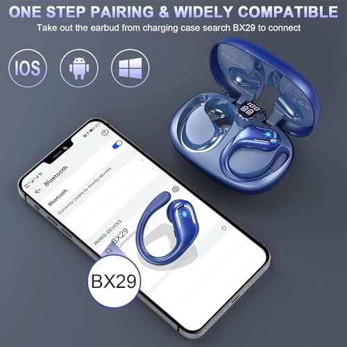 Wireless Earbud Bluetooth 5.4 Headphones 75Hrs Playtime, 2025 Bluetooth Earbuds Deep Bass Noise Cancelling Mic, Over Ear Bud with Sport Earhooks, IPX7 Waterproof LED Display, Button Control, Blue 5