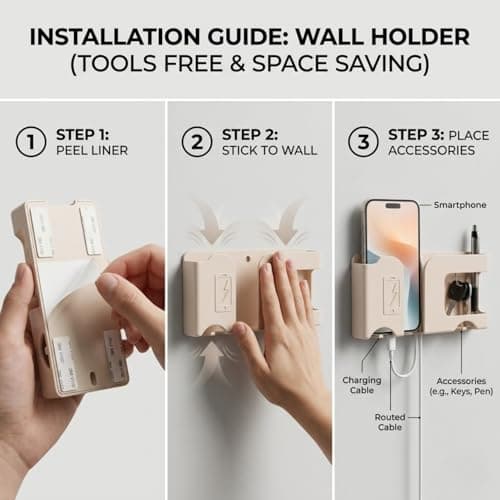 Wall Mounted Mobile Charging Holder Stand | Plastic Phone Charging Dock Organizer with Cable Management | Multi Purpose Remote & Smartphone | Space Saving Wall Shelf (1, Apricot, Standard) 5