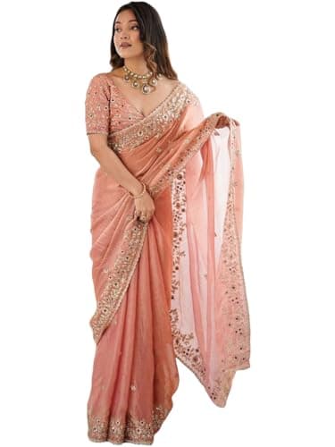 Maa enterprise Designer Traditional Embroidered Saree with Matching Blouse Piece, Festive Ethnic Draping Outfit for Women (Peach)