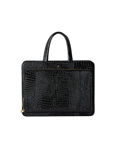 akinna Verona Signature Business Bag – Glossy Croc Finish with Laptop Compartment, Midnight Black