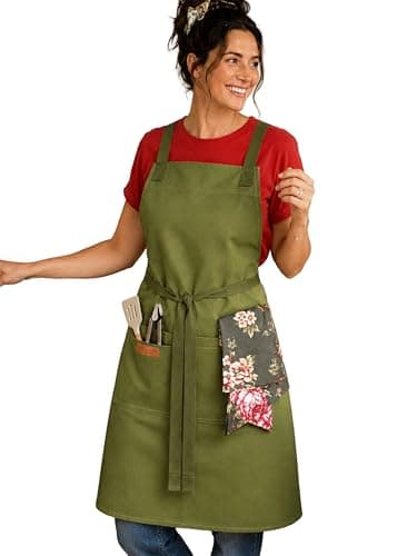 RUSTIQUE LINENS Cotton Cross Back Apron with Waterproof Inner Membrane and 2 Pockets for Men and Women – Adjustable Water Resistant Chef Apron for Cooking, Baking, BBQ, or Work - Pine