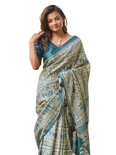 EthnicJunction Women's Art Silk Kalamkari Print Saree With Blouse Piece (Teal)