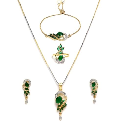 ZENEME American Diamond Traditional Fashion Jewellery Combo of Necklace Pendant Set/Ring/Bracelet with Earring for Women/Girls (Green)