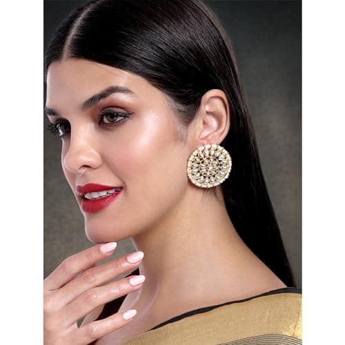 Peora Combo of Kundan Pearl Round Earrings & Rose Gold Clutch Purse for Women Girls|Jewelry for Wedding Party Evening|Bridal Ethnic Handbags 4