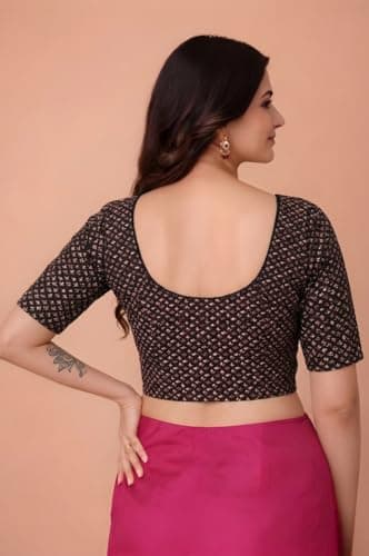 Amazon Brand - Anarva Women's Kalamkari Print Cotton Stretchable Round Neck Readymade Saree Blouse (kalamkari-blouse-Jaal-black-2xl) 3