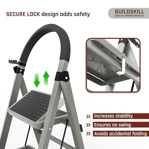 BUILDSKILL Ladder for Home 6 Steps Foldable with Built-in Tool Tray | Heavy Duty D Shape Rods | 20 x 30cm Large Platform | Wide Rubber Feet | Secure Lock | 150Kg Capacity - 5 Years Warranty 5