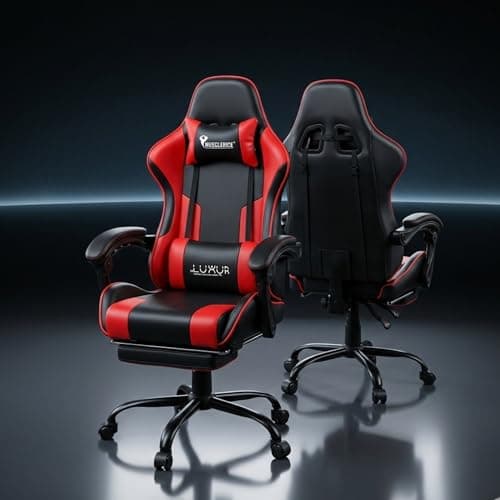 Dr Luxur Musclerice Gaming Office Desk Ergonomic Lumbar Support, PU Leather High Back Adjustable Swivel Task Chair with Footrest, Removable Neck, Linkage Arm Rest (Musclerice Leatherette Red)