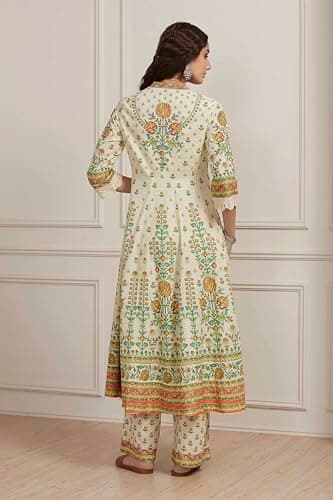 Biba Women Cream-Toned Cotton Printed Kalidar Suit Set_34 4