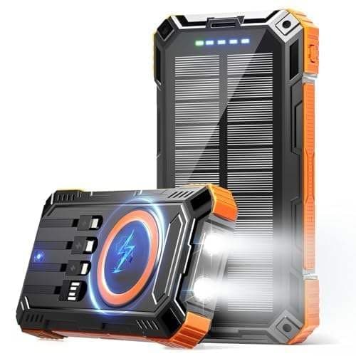 LRSA Solar Power Bank, 20000mAh, 33W Fast Charging, Wireless Charger with Flashlight, for Camping and Travel, Orange