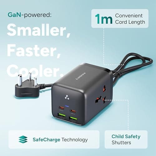 Ambrane 6-in-1 Power Hub Charger 65W Fast Charging, 6 Ports - 2 Type-C, 2 USB, 2 AC Sockets (2500W), Multi-Port Desktop Charger for Laptop, iPhone, Android, Portable Charging Station (Charge Hub 65) 5