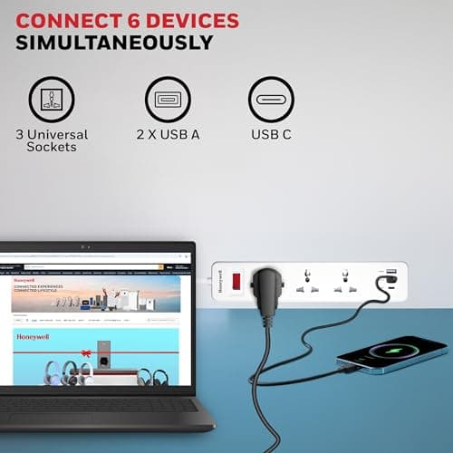 Honeywell 3 Outlet Extension Board with Master Switch, 6 Amps, 250V, 1xType C & 2xUSB, 3 International Sockets, Pure Copper, 6 Advanced Safety Features, 2 Mtr Power Cord, BIS Certified, 1 yr Warranty 4