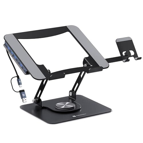 Portronics My Buddy K9 Pro Max, Adjustable Laptop Stand with 6-in-1 USB Hub, 360° Rotating Base, Built-in Phone Holder, Foldable & Ergonomic, Anti-Slip Pads, Supports Up to 17'' Laptops