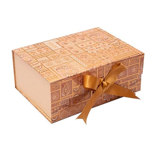 Boxotica Golden Floral Small Gift Box – Foldable Rigid Hamper with Ribbon & Greeting Card, Reusable Keepsake Box for Dry Fruits, Weddings, Birthdays, Housewarming Return Gifts, Thambulam & Vratham Kit