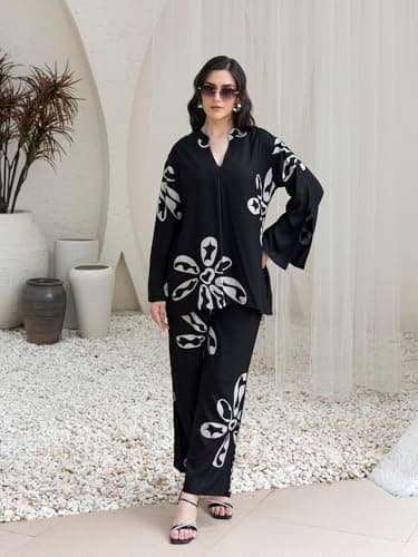 TITTLI Women's Rayon Printed Tunic and Trousers Co-Ord Set (Black, L) 5