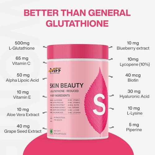 MyFitFuel Skin Beauty Glutathione Reduced (60 Capsules) with Lycopene, Vitamin C & E, Hyaluronic Acid, Biotin &more. For Men & Women Hydrated, Brightening, Radiant Skin. For Reducing Melanin & Glowing 3