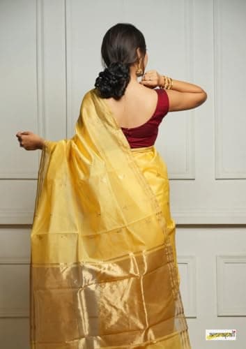 Flosive “Women's Pure Cotton Silk Saree with Golden Zari Border and Butti Work | Traditional Black Handloom Style Saree for Festive & Office Wear (YELLOW) 2