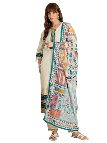 INDO ERA Women's Viscose Rayon Ethnic Motifs Embroidered Straight Kurta & Pant with Dupatta Set (Cream_IESTR10544_X-Large)