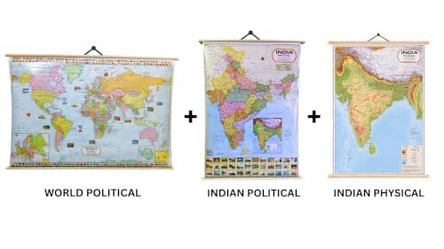 Wall Hanging Combo of 3 Map| Political Map Of India| Political Map Of World| Physical Map Of India| With Self Adhesive Wall Hangers