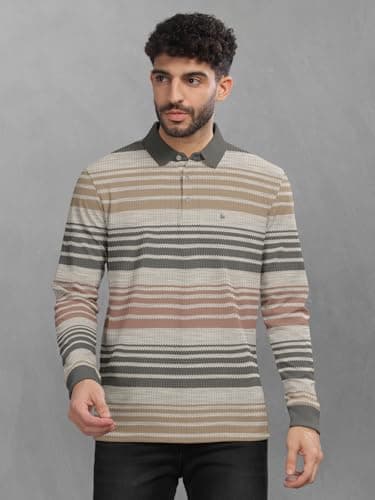 BULLMER Striped Textured Printed Polo Neck Fullsleeve T-Shirt with Rib for Men_Beige4_Large 2