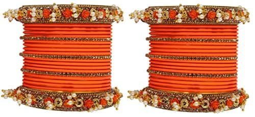 NMII Metal with Base Metal and Studded with Zircon Gemstone and Pearl linked Latkan Pattern Chuda set for Women/Girls, (Orange_2.6 Inches), Pack Of 42 Bangles 4