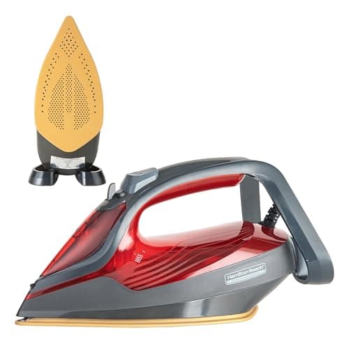 Hamilton Beach Fully-Automatic Steam Iron with iSense Technology, Steam Iron, Intelligent Auto-Temp, iron for clothes, Ceramic-Coated Soleplate with 5-Year Warranty, Auto Standby, 45g/min Steam, Red