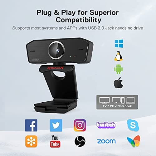 Redragon GW800 1080P Webcam with Built-in Dual Microphone, 360-Degree Rotation - 2.0 USB Skype Computer Web Camera - 30 FPS for Online Courses, Video Conferencing and Streaming, Optical, Black 4