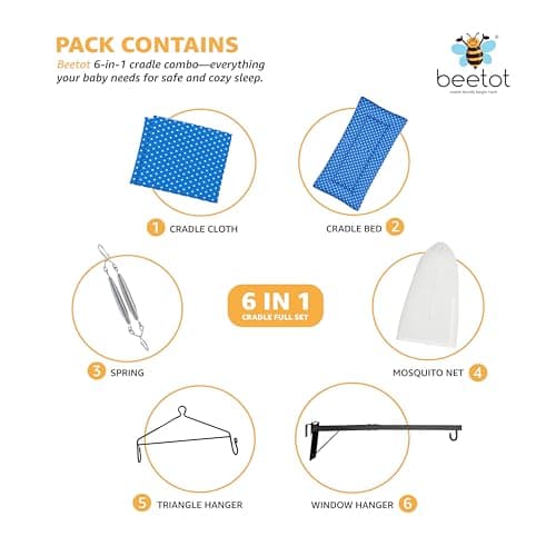 beetot Baby Set | Pure Cotton Cloth, Removable Pad, Mosquito Net, Spring, Triangle, Window Hanger | FS-Stripe (Dark Blue) 2