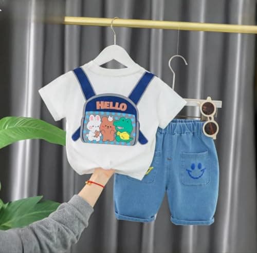Indhrani Garments Kids Clothes for Boys | Cotton T-shirt and Denim Shorts for Baby Boys | Baby Boy Dress Clothing Set, White 5-6 year 2