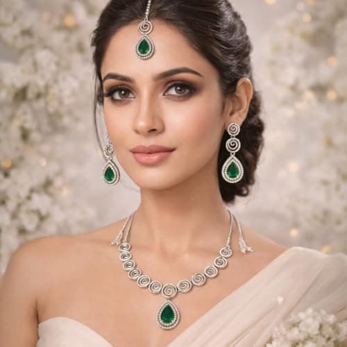 ACCESSHER Women's & Girls Silver-Tone Elegant Green Teardrop Pendant Necklace Set Latest Stylish Spiral Design Jewellery Set with Earrings Fancy Accessories For Wedding 3