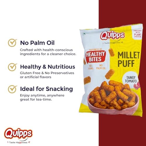 Quipps Millet Puff Tangy Tomato | Non-Fried Roasted Millet Snack | High Fiber & Plant Protein | Gluten Free, Vegan, Non-GMO | No Preservatives, No Palm Oil | Light & Crunchy Healthy Snack for Office & 2