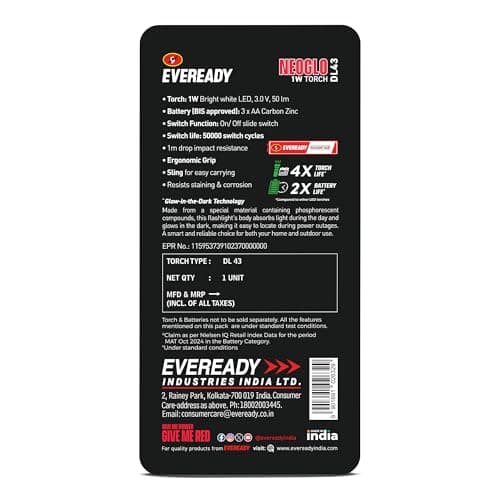 EVEREADY DL43 Neoglo, 1W Emergency Torch, Eveready’s 1st Glow-in-The-Dark Flashlight, Durable ABS Phosphorescent Body, Bright White LED, Powered by 3xAA Eveready Batteries (Included) 2