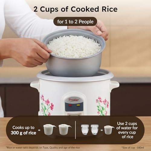 Prestige PRWO 0.6 L Electric Rice Cooker with 2 cooking pans|Detachable power cord|Durable body|Cool touch handles|White| Raw capacity-0.3L|Cooked capacity-0.6 L|Cooks for a family of 1 to 2 members 4