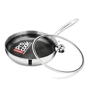 Milton Pro Cook Induction Cookware & Gas Stove Friendly Triply Hexa Tech Stainless Steel Frying Pan with Glass Lid 22cm, 1.3L | Honeycomb Non-Stick Fry Pan | Metal Spoon Friendly | 3Y Warranty |Silver