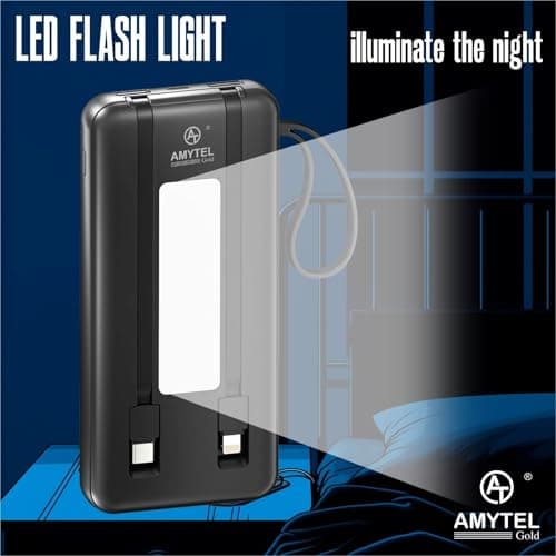 AMYTEL 10000mAh Solar Power Bank with Built-in Type-C & Lightning Cable, LED Flashlight, Fast Charging Portable Charger for Mobile – Black 4