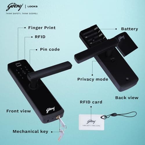 Godrej Smart Lock I Catus Connect I Digital Lock for Wooden Door |5 in 1 Access IWiFi I Fingerprint I RFID Card I PIN Access I Mechanical KeyI 3 Dead Bolts I Black I 3 Yrs Warranty 5