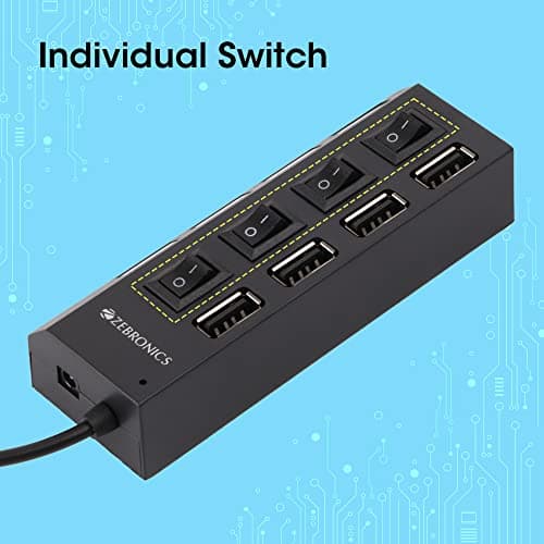 ZEBRONICS 150Hb 4 Port USB Hub with Dedicated On/Off Switch, Led Indicators, 45Cm Cable Length, Optional Power Input Port, Multi Device and Plug Play Usage 3
