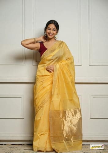 Flosive “Women's Pure Cotton Silk Saree with Golden Zari Border and Butti Work | Traditional Black Handloom Style Saree for Festive & Office Wear (YELLOW) 5