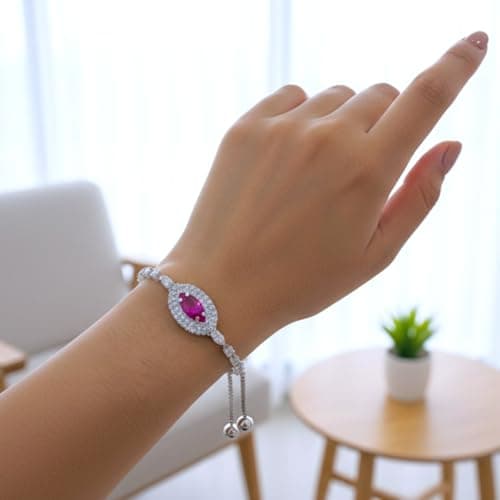 ACCESSHER Women's & Girls Silver Plated Magenta Marquise Crystal Adjustable Bracelet, Stylish Bangle Charm Chain Bracelet Gift For Birthday, Valentine's & Friendship 5