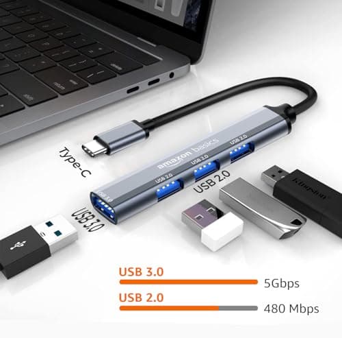 Amazon Basics USB-C Multiport Adapter with 1 USB 3.0 & 3 USB 2.0 Ports, Plug & Play, Built-in Smart Chip, Compatible with MacBook, Laptop, Tablet, Smartphone, and More 3