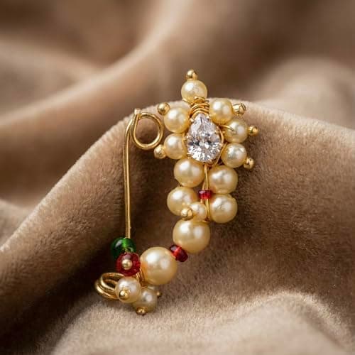 KYOOT JEWELS Maharashtrian Nath Combo Nose pin without piercing Pearl Diamond Gold Plated Nathni Clip On Ruby Green Moti Nose Ring For Women (Combo 1) 3