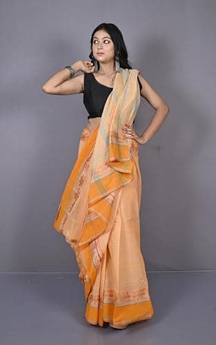 Bengal Looms India -Designer Bengal Tangail Self Nakshi Katha Thread Work Cotton Saree - Ethnic Wear for Wedding, Festive & Party Occasions (Cantaloupe, Brown and Sea Green) 5