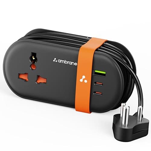 Ambrane Foldable Extension Board, 2 Type C & USB, Perfect for Office, Kitchen, Travels, Charge 4 Devices, Compact Size, AC Socket 2500W, 20W Fast Type C Charging, 1.5m Long Cable (Smartstrip 3 Black)