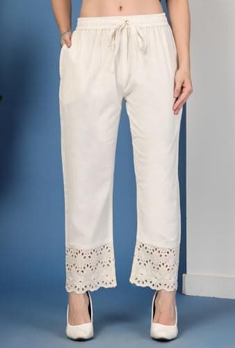 Pistaa's Women's Pure Cotton Regular Hem Design Solid Palazzos (34, Bright Cream) 2
