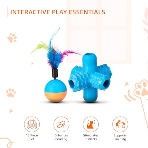 Amazon Basics Cat Toy Set | 13 Interactive Toys | Spring Mouse | Feather Stick | Fishing Rod | Rattling Bells | Playing Balls | Feather Balls | for Kittens & Cats (Multicolour) 5