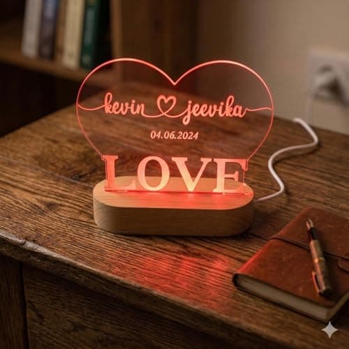 SHAYONA Personalised 3D Illusion LED Night Light lamp with Heart Design,customzied Love Couple Gift for Anniversary Girlfriend, Wedding Valentine Day Gift for Home Décor-22cm 3
