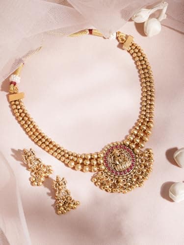 Rubans 22KT Gold Plated Brass Red Stone Studded Lakshmi Motif Temple Necklace Set For Women 3