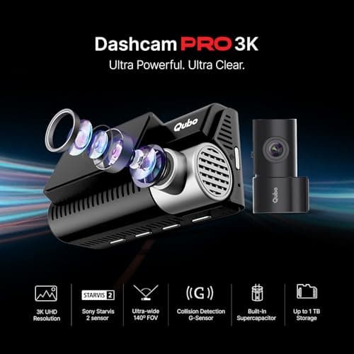 Qubo Dashcam Pro 3K + Qubo Wireless GPS Tracker| Sony STARVIS 2-5MP UHD Front (140°), 2MP FHD Rear, NightPulse Vision| GPS Tracker with Free 4G SIM & 1-Year Recharge, Voice Monitor & Geo-Fence Alerts 4