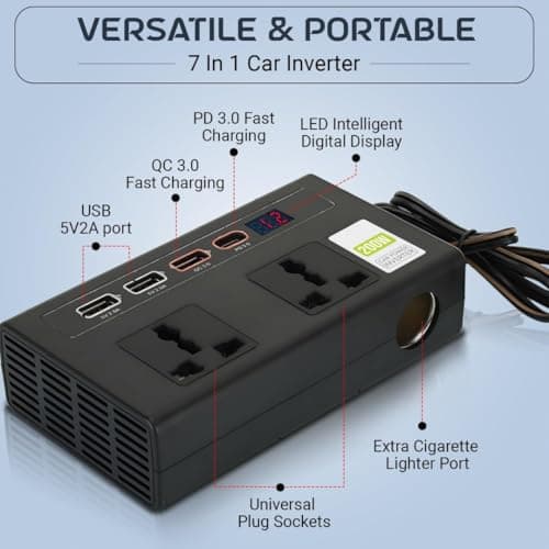 STARQ - 200W Car Laptop Charger/Power Inverter with 3 USB (3.1A Max) + 1 C Type(24 W PD) Smart USB Charging Ports, 12V DC to 220V AC, 2X Universal AC Outlet (Double-Plug) 2
