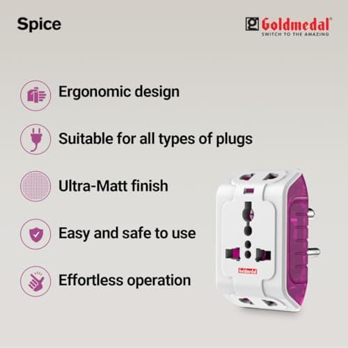 Goldmedal Spice 3 Pin 240V Multi Plug Socket | Universal Travel Adaptor with LED Indicator | Supports 2-Pin&3-Pin Plugs | Multiplug for Home&Office Appliances | Compact & Reliable 6