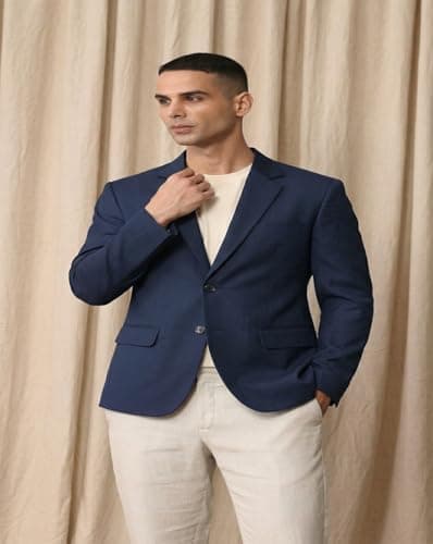MAYKR Men's Navy Blue Blazer, Single-Breasted Formal Suit Jacket with Notch Lapel and Pocket Square 3 5